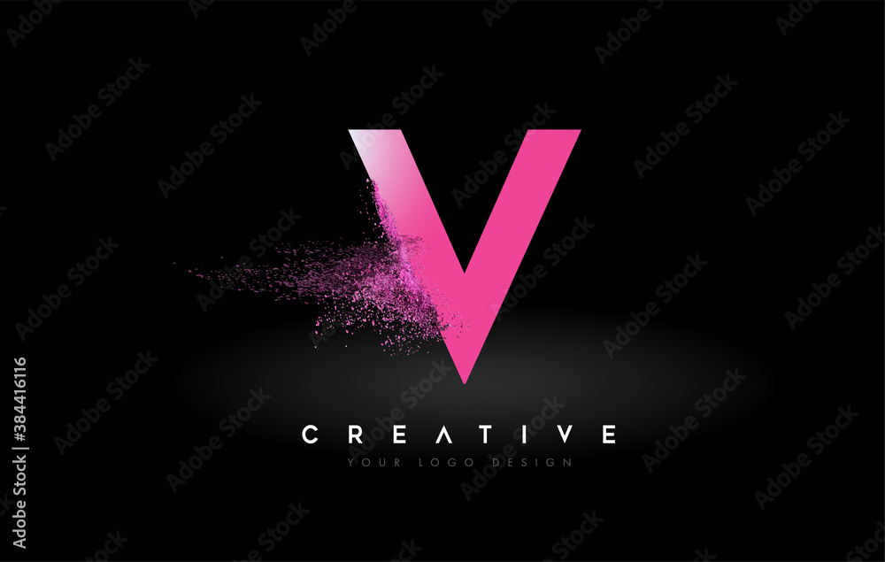V Letter Logo with Dispersion Effect and Purple Pink Powder Particles Expanding Ash
