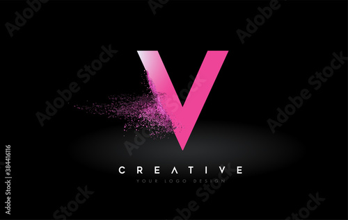 V Letter Logo with Dispersion Effect and Purple Pink Powder Particles Expanding Ash photo