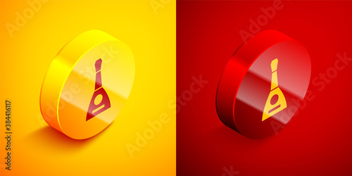 Isometric Musical instrument balalaika icon isolated on orange and red background. Circle button. Vector.