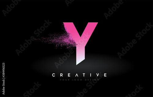 Y Letter Logo with Dispersion Effect and Purple Pink Powder Particles Expanding Ash