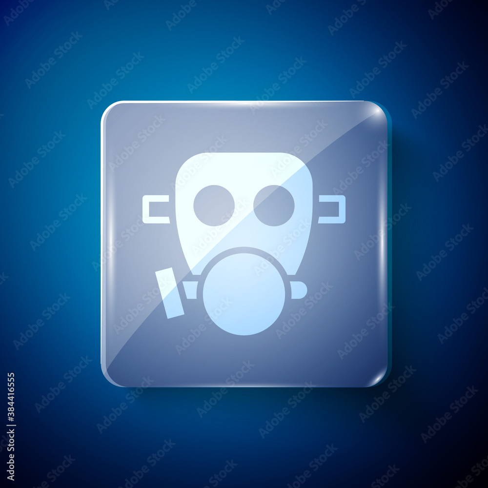 White Gas mask icon isolated on blue background. Respirator sign. Square glass panels. Vector. White Gas mask icon isolated on blue background. Respirator sign. Square glass panels. Vector.