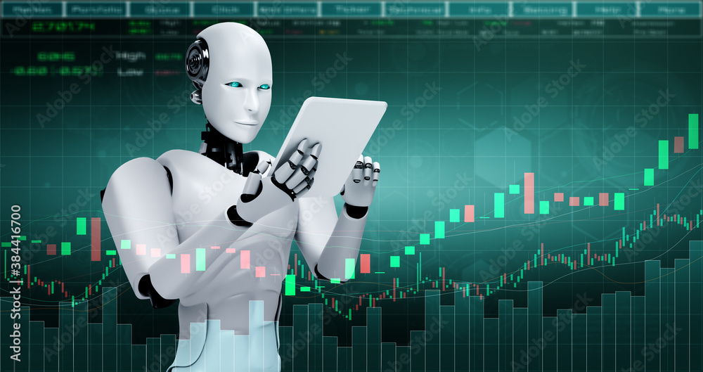 Future financial technology controlled by AI robot using machine learning  and artificial intelligence to analyze business data and give advice on  investment and trading decision . 3D illustration . Illustration Stock |  Adobe Stock