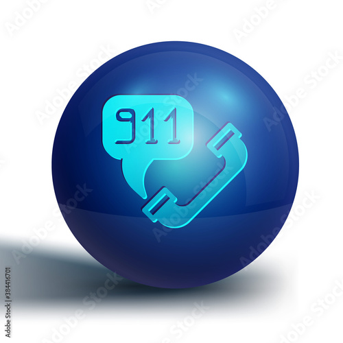 Blue Telephone with emergency call 911 icon isolated on white background. Police, ambulance, fire department, call, phone. Blue circle button. Vector.