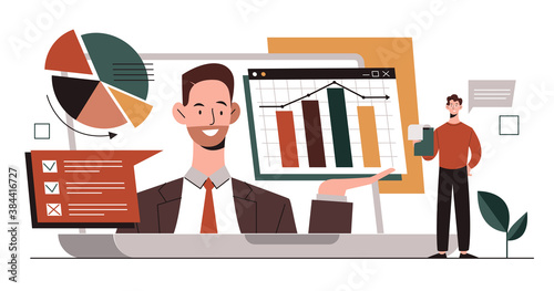 Online financial consulting concept with a business analyst who shows graphs and charts on a laptop screen. Flat cartoon vector illustration