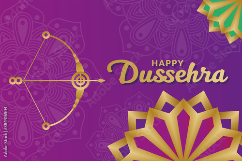 Happy dussehra and bow with arrow on purple mandalas background vector design