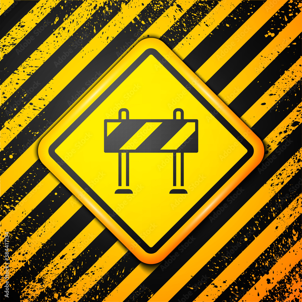 Black Road barrier icon isolated on yellow background. Symbol of restricted area which are in under construction processes. Repair works. Warning sign. Vector. Black Road barrier icon isolated on yellow background. Symbol of restricted area which are in under construction processes. Repair works. Warning sign. Vector.
