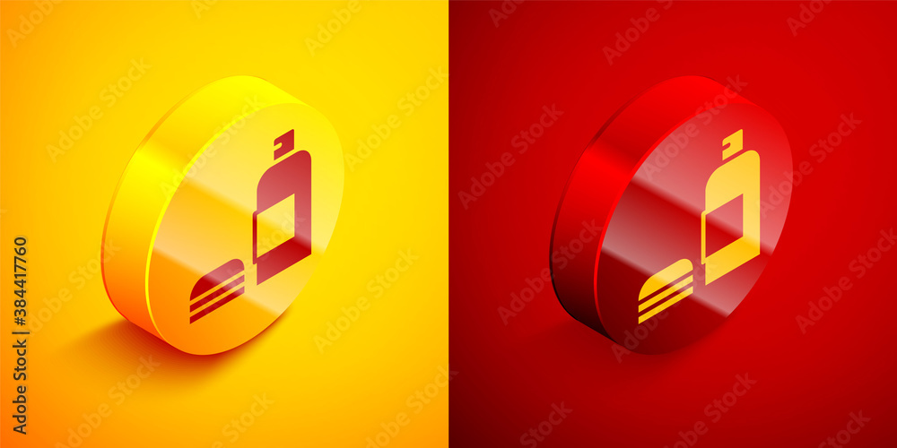 Isometric Bottle of shampoo icon isolated on orange and red background. Circle button. Vector. Isometric Bottle of shampoo icon isolated on orange and red background. Circle button. Vector.
