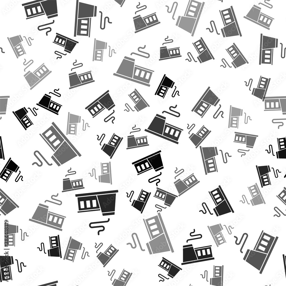 Black Factory icon isolated seamless pattern on white background. Industrial building. Vector.