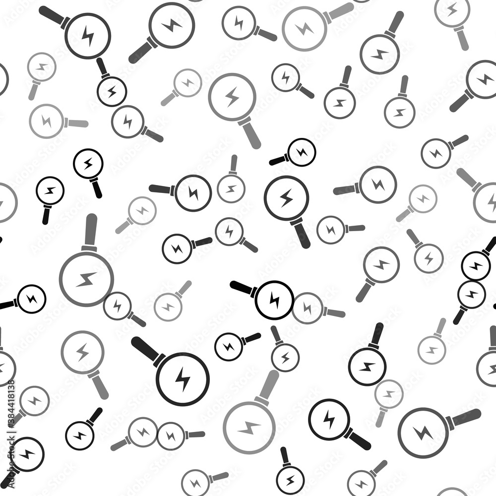 Black Magnifying glass with lightning bolt icon isolated seamless pattern on white background. Flash sign. Charge flash. Thunder bolt. Lighting strike. Vector. Black Magnifying glass with lightning bolt icon isolated seamless pattern on white background. Flash sign. Charge flash. Thunder bolt. Lighting strike. Vector.