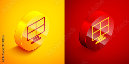 Isometric Solar energy panel icon isolated on orange and red background. Circle button. Vector.