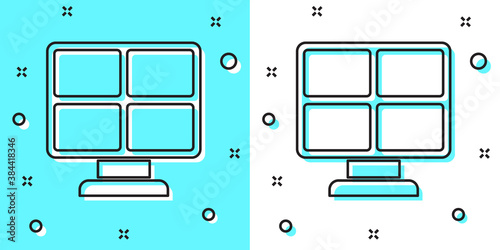 Black line Solar energy panel icon isolated on green and white background. Random dynamic shapes. Vector.