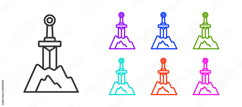Black line Sword in the stone icon isolated on white background. Excalibur the sword in the stone from the Arthurian legends. Set icons colorful. Vector. Black line Sword in the stone icon isolated on white background. Excalibur the sword in the stone from the Arthurian legends. Set icons colorful. Vector.