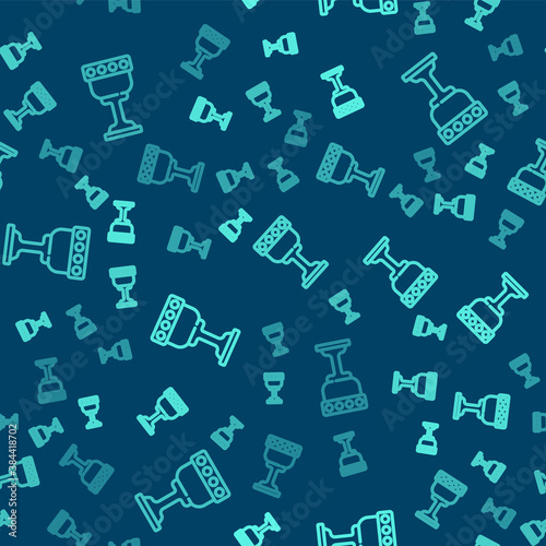 Green line Medieval goblet icon isolated seamless pattern on blue background. Holy grail. Vector.