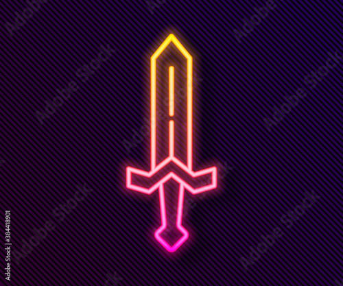 Glowing neon line Medieval sword icon isolated on black background. Medieval weapon. Vector.