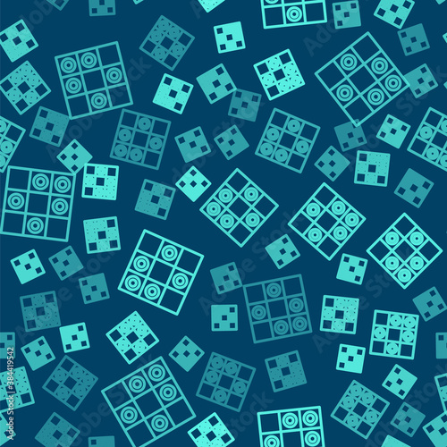 Green line Board game of checkers icon isolated seamless pattern on blue background. Ancient Intellectual board game. Chess board. White and black chips. Vector.