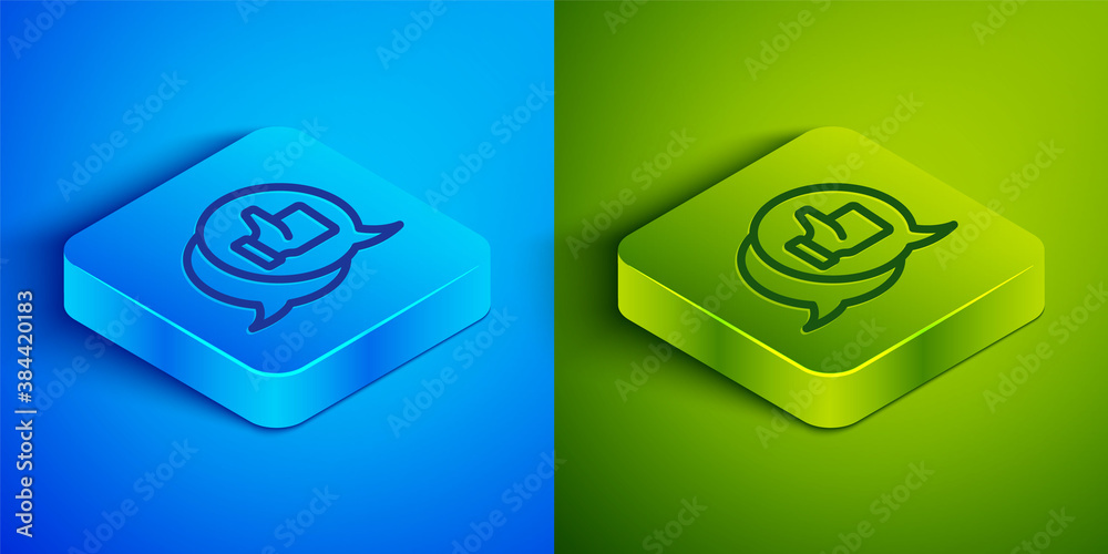 Isometric line Consumer or customer product rating icon isolated on blue and green background. Square button. Vector. Isometric line Consumer or customer product rating icon isolated on blue and green background. Square button. Vector.