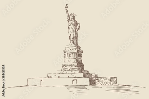 Sketch of the Statue of Liberty on a beige background, New York, USA. American national symbol. Woman with torch and book in hand. Vintage brown and beige card, hand-drawn. Old design.