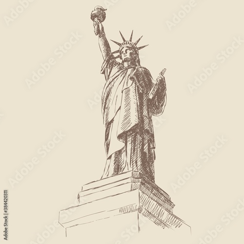 Sketch of the Statue of Liberty on a beige background, New York, USA. American national symbol. Woman with torch and book in hand. Vintage brown and beige card, hand-drawn. Old design.