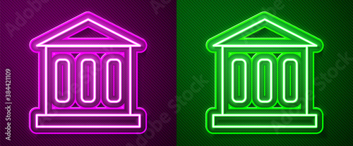 Glowing neon line Bank building icon isolated on purple and green background. Vector.