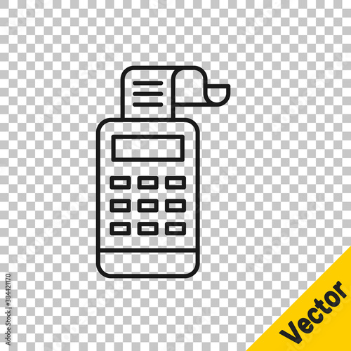 Black line Cash register machine with a check icon isolated on transparent background. Cashier sign. Cashbox symbol. Vector.