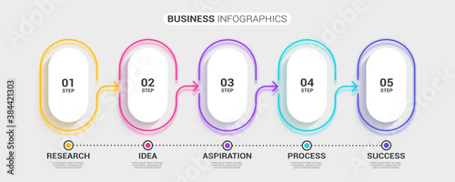 Neon abstract 3D thin line infographic template with 5 steps. Modern business concept infographics with options for brochure, diagram, workflow, timeline. Vector EPS 10