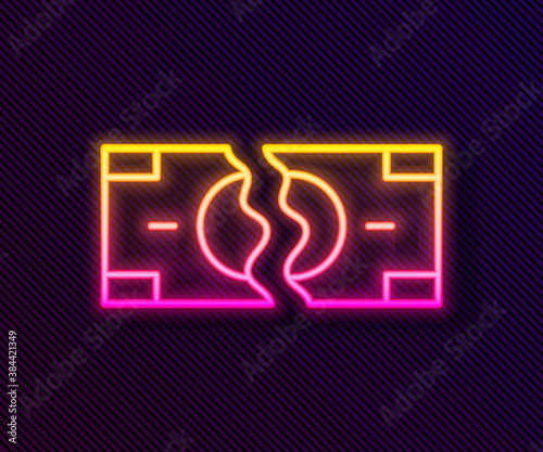 Glowing neon line Tearing apart money banknote into two peaces icon isolated on black background. Vector.