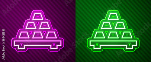 Glowing neon line Gold bars icon isolated on purple and green background. Banking business concept. Vector.