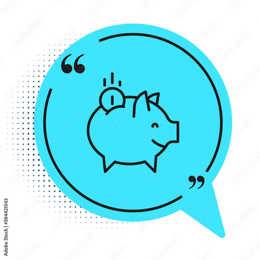 Black line Piggy bank with coin icon isolated on white background. Icon saving or accumulation of money, investment. Blue speech bubble symbol. Vector. Black line Piggy bank with coin icon isolated on white background. Icon saving or accumulation of money, investment. Blue speech bubble symbol. Vector.