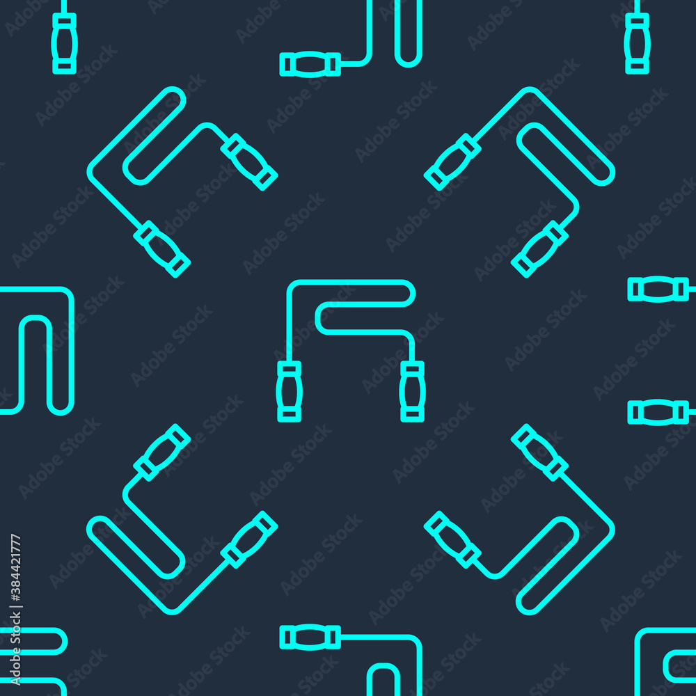 Green line Jump rope icon isolated seamless pattern on blue background. Skipping rope. Sport equipment. Vector. Green line Jump rope icon isolated seamless pattern on blue background. Skipping rope. Sport equipment. Vector.