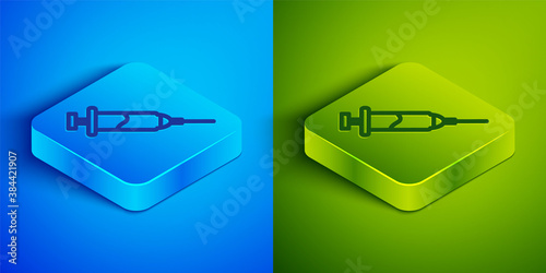 Isometric line Doping syringe icon isolated on blue and green background. Square button. Vector.