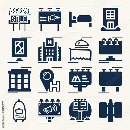 Simple set of accommodations related filled icons.