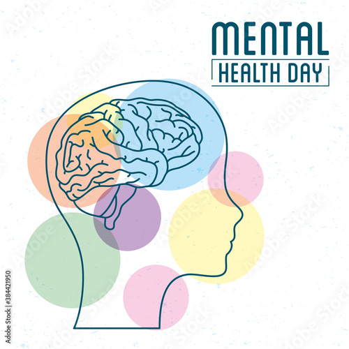 Mental Health Day lettering with brain in profile human and colors balls