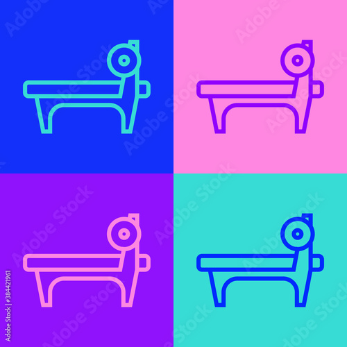 Pop art line Bench with barbel icon isolated on color background. Gym equipment. Bodybuilding, powerlifting, fitness concept. Vector.