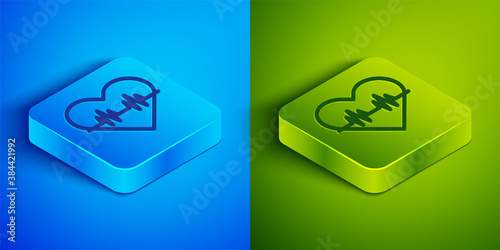 Isometric line Heart rate icon isolated on blue and green background. Heartbeat sign. Heart pulse icon. Cardiogram icon. Square button. Vector.