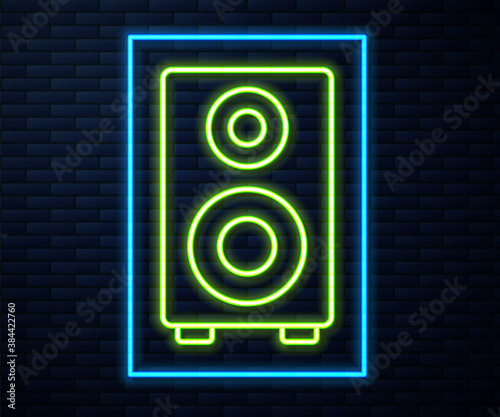 Glowing neon line Stereo speaker icon isolated on brick wall background. Sound system speakers. Music icon. Musical column speaker bass equipment. Vector.