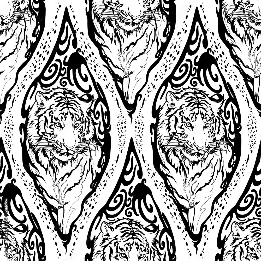 Tiger in Wood seal tribal illustration doodle drawing motif seamless pattern vector with white background Tiger in Wood seal tribal illustration doodle drawing motif seamless pattern vector with white background