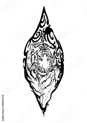Tiger in Wood seal tribal illustration doodle drawing motif  tattoo vector with white background 