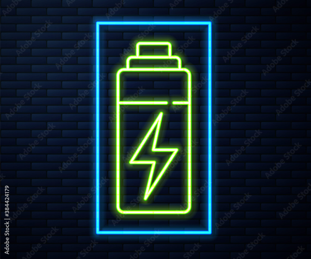 Glowing neon line Battery icon isolated on brick wall background. Lightning bolt symbol. Vector. Glowing neon line Battery icon isolated on brick wall background. Lightning bolt symbol. Vector.