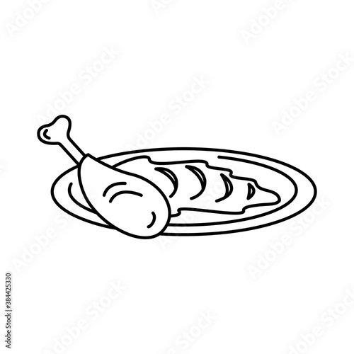 Mashed potatoes and chicken on a plate. Second course. Vector outline icon. © Екатерина Бондарук