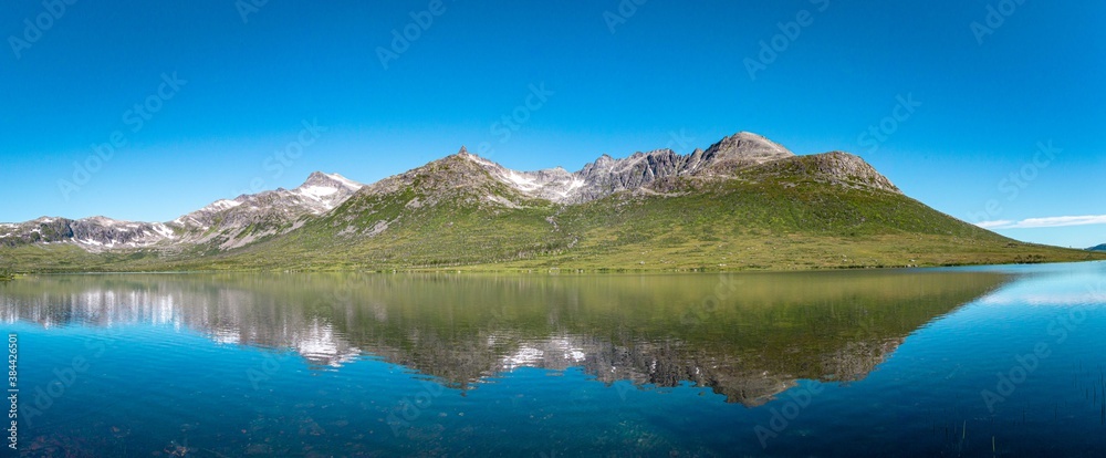 Scenic mountain and lake panorama in Northern Norway