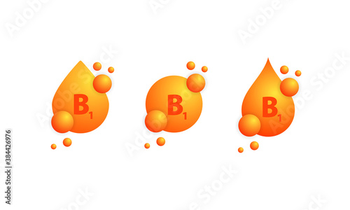 Vitamin B1 icon set. Shining golden drop of substance. Vitamin complex with chemical formula, group B, thiamine. Vector on isolated white background. EPS 10