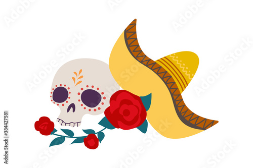 Dia de los muertos, Day of the dead, Mexican festival. Vector illustration with sugar skull, sombrero and roses.