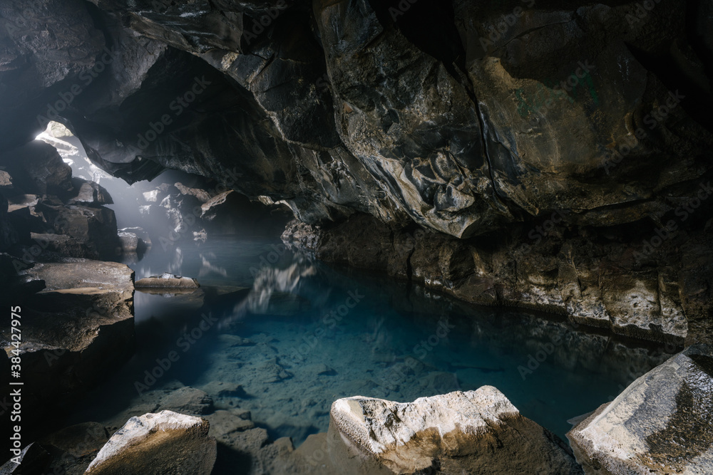 Grjótagjá - a small lava cave near lake Mývatn in North Iceland. It has a thermal spring inside.