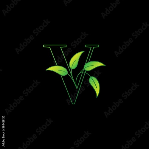 Green Nature Leaf Letter V Initial Logo Icon Concept Monogram Leaves with Letter Template