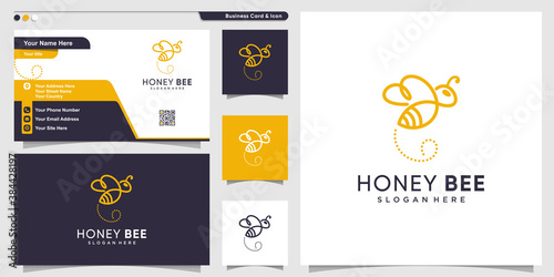 Honey bee logo with modern line art style and business card design Premium Vector