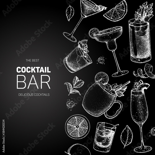 Cocktails hand drawn vector illustration. Alcoholic cocktails sketch set. Engraved style. Design template for bar. Margarita, bloody mary, moscow mule, bellini, cosmopolitan, old fashioned.