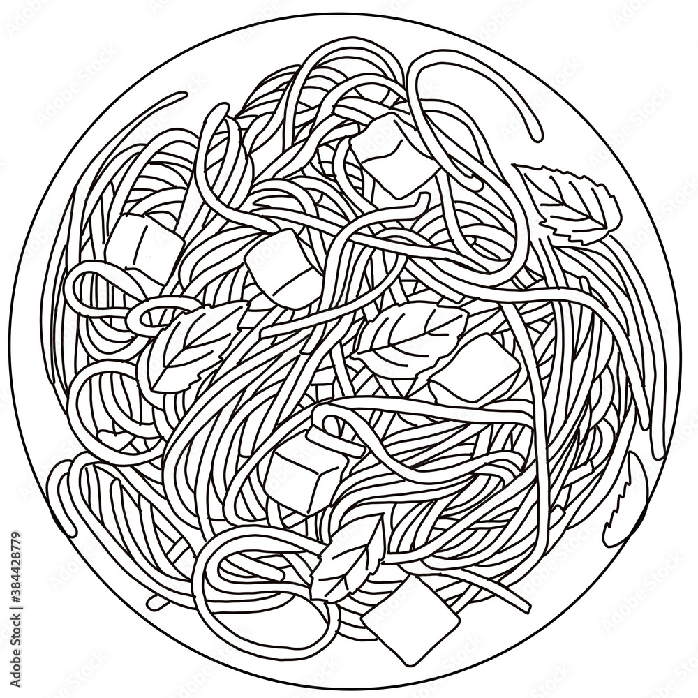 Plate with spaghetti, Basil and cheese, top view. Thin linear drawing with black felt-tip pen on a white background.