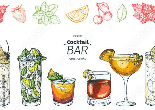 Alcoholic cocktails hand drawn vector illustration. Cocktails sketch set. Engraved style.