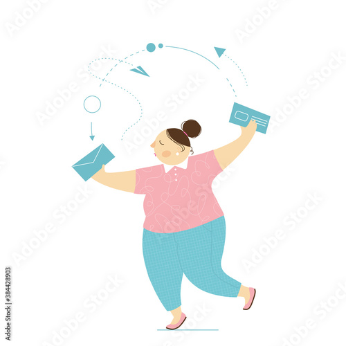 Vector illustration business woman sends a message.Working process,new email message, mail notification.Social network, chat,sms,spam.