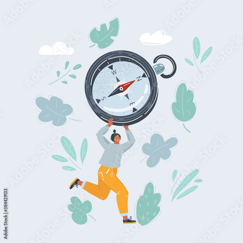 Vector illustration of woman run with big compas in her hands in the right direction. White background.